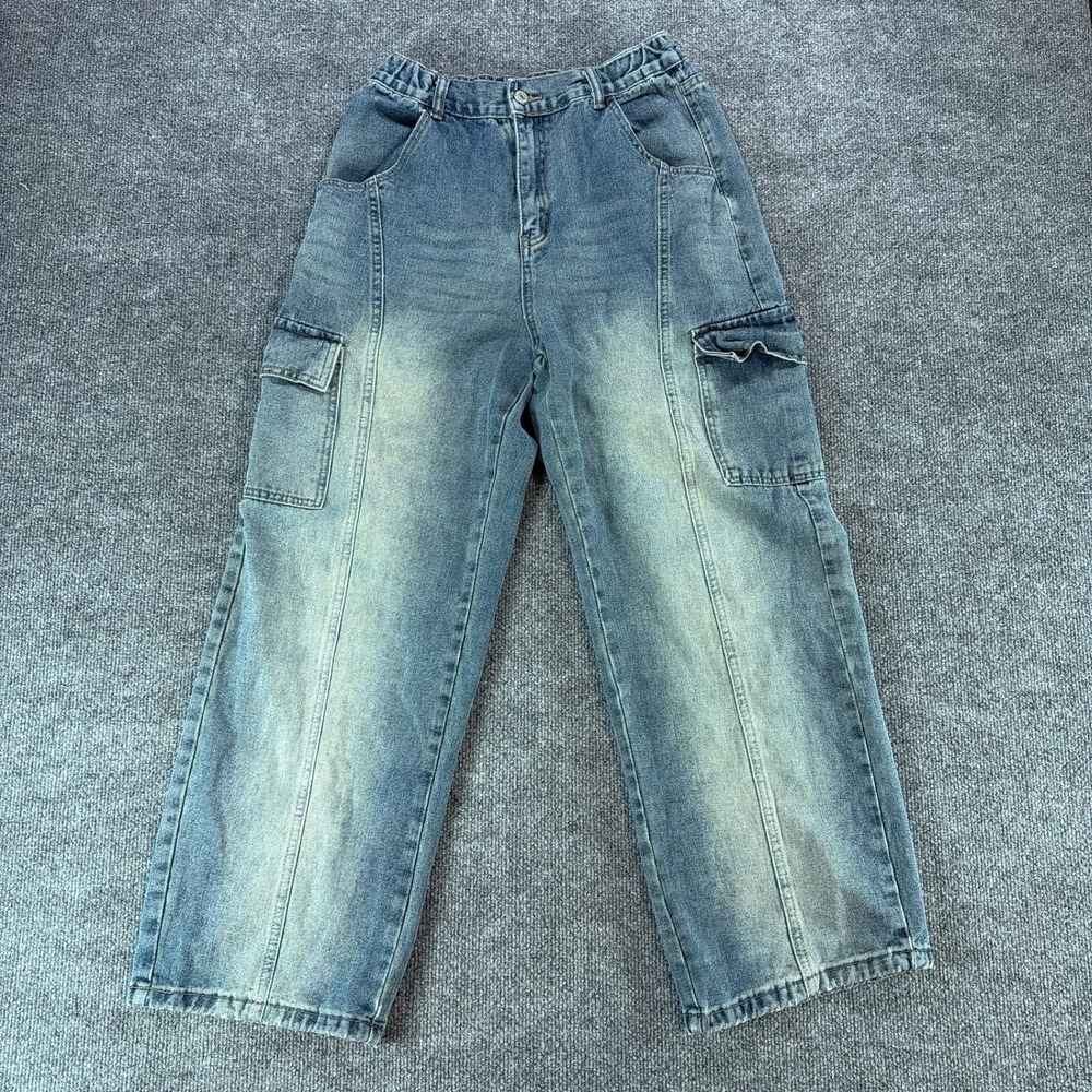 Y2K N.Z Women Light Wash Wide Leg Cargo Jeans Denim Streetwear Relaxed Casual